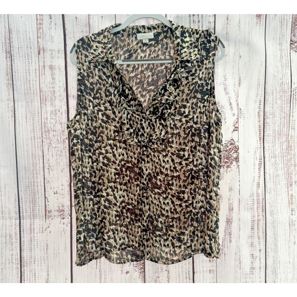 EUC Womens Tahari Arthur S. Levine Sleeveless Animal Print Silky Ruffle Blouse